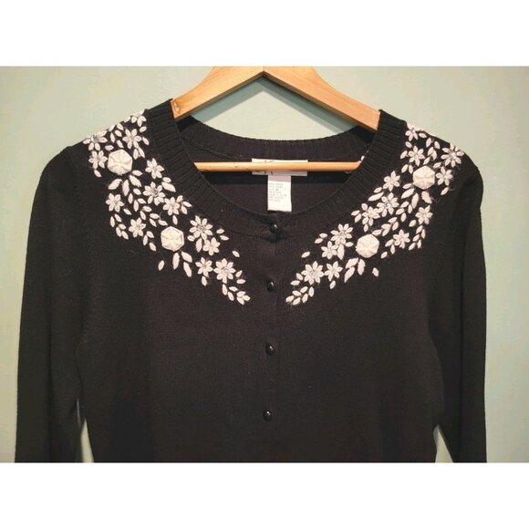Vtg Black Ivory Floral Embroidered Rhinestone Cardigan Sweater Regencycore Sz M - Picture 2 of 9